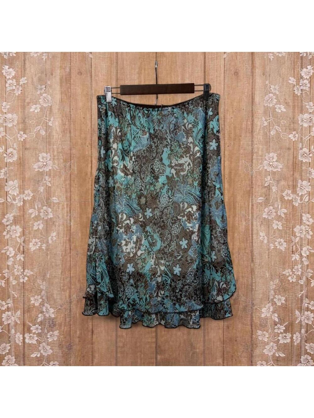 BRIGGS New York Blue Brown Floral Ruffle Hem Skirt